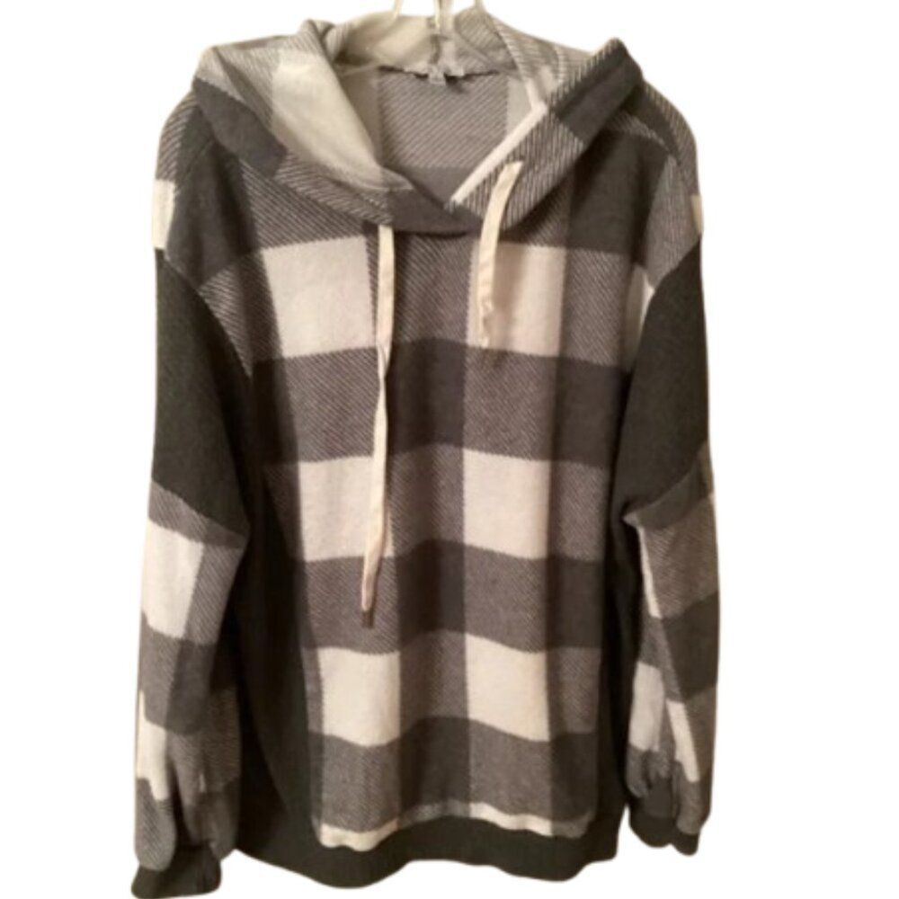 WHITE BIRCH SIZE LARGE GRAY BUFFALO PLAID LIGHTWEIGHT PULLOVER HOODIE SWEATER